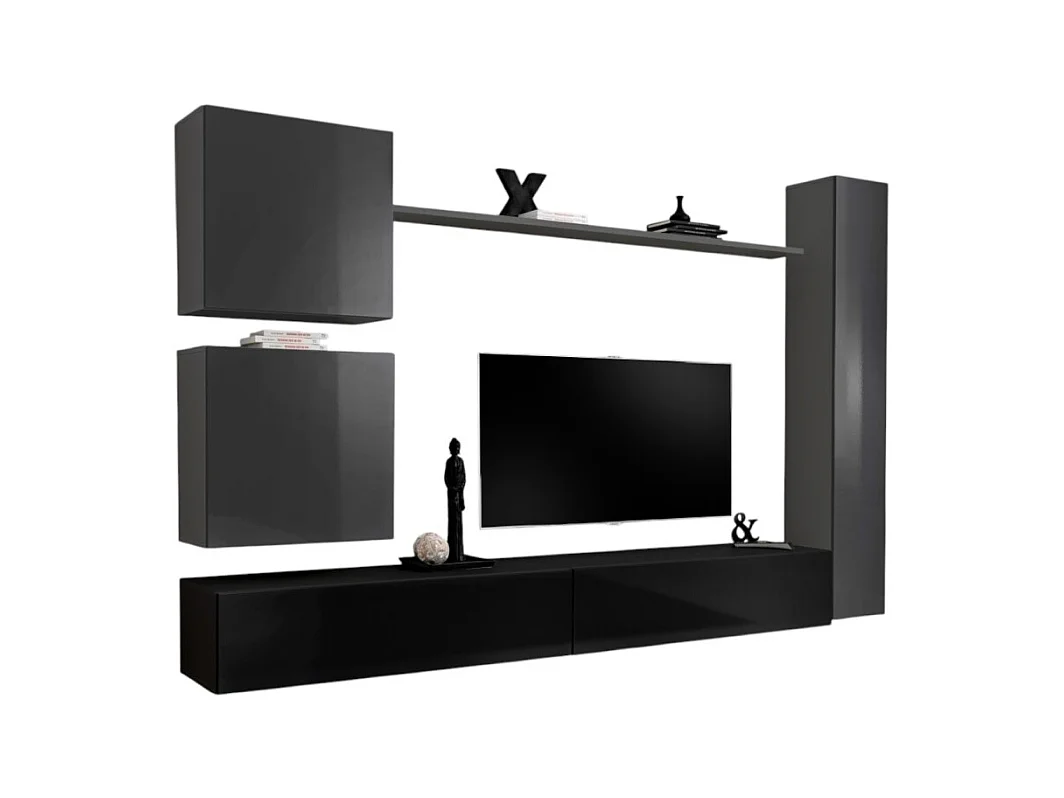 Ensemble de meuble pour salon mural SWITCH VIII. Meuble TV mural design, coloris noir et gris brillant.
