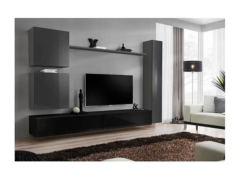 Ensemble de meuble pour salon mural SWITCH VIII. Meuble TV mural design, coloris noir et gris brillant.