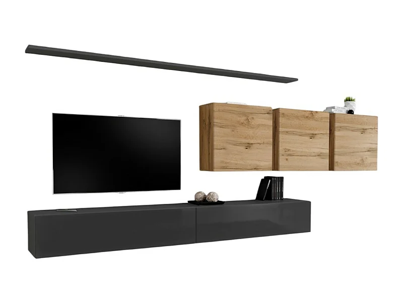 Wohnzimmerwandmöbelset SWITCH VII im Design, Farbe glänzendes Grau und Wotan-Eiche.