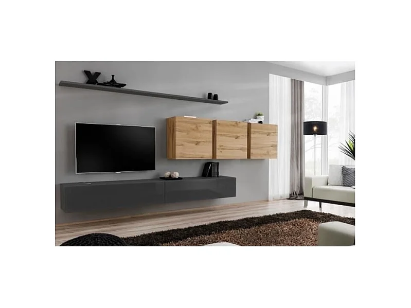 Wohnzimmerwandmöbelset SWITCH VII im Design, Farbe glänzendes Grau und Wotan-Eiche.