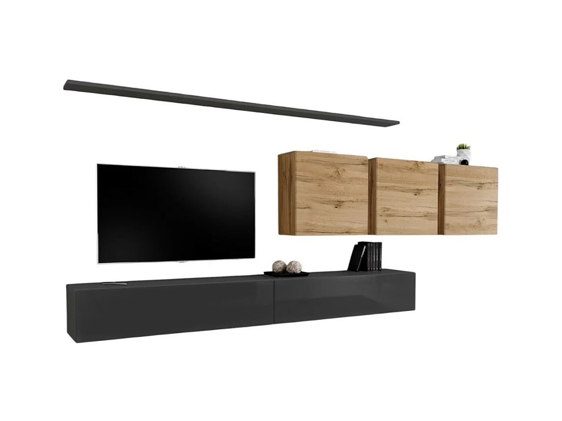 Ensemble meuble salon mural SWITCH VII design, coloris gris brillant et chêne Wotan.