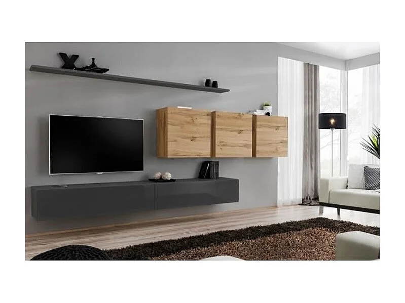 Wandmeubelset voor de woonkamer SWITCH VII design, in glanzend grijs en Wotan eiken kleur.