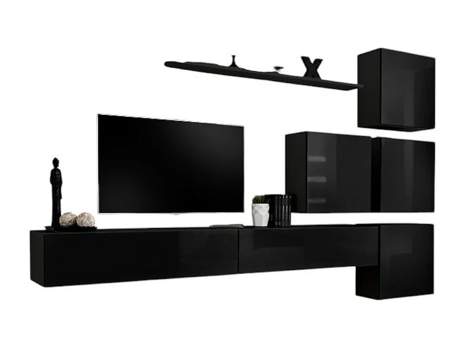 Ensemble meuble salon mural SWITCH IX design, coloris noir brillant.