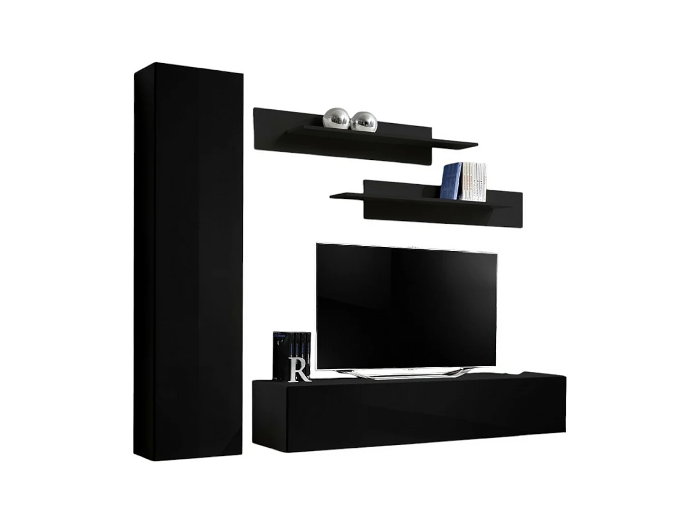 TV-meubel FLY G1 design, in glanzend zwarte kleur. Modern en trendy zwevend meubel voor uw woonkamer.