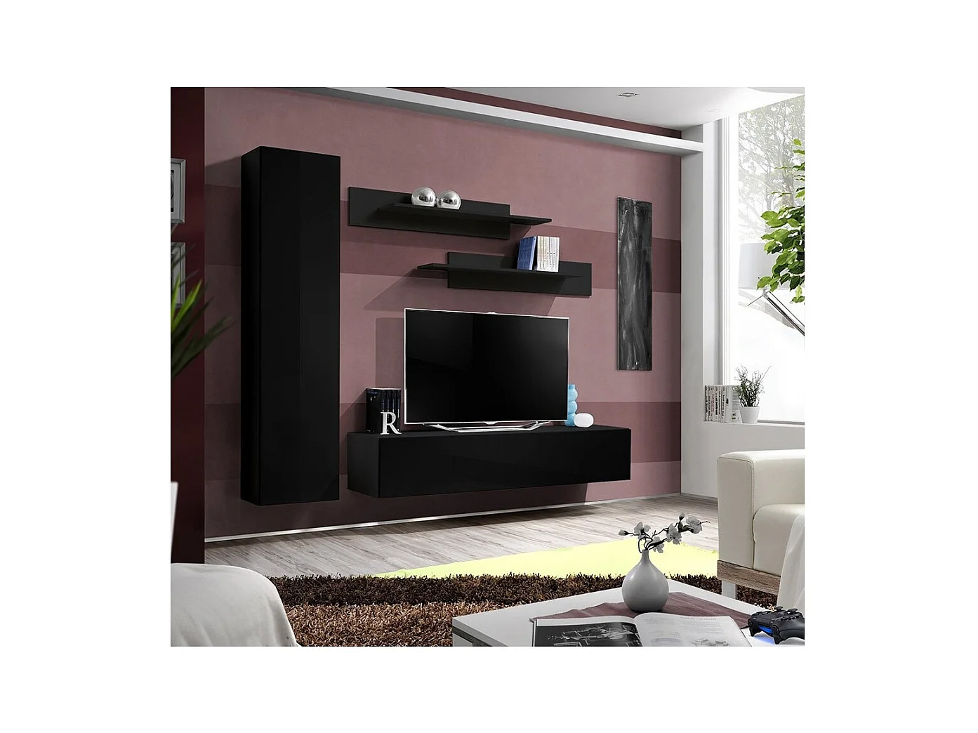 TV-meubel FLY G1 design, in glanzend zwarte kleur. Modern en trendy zwevend meubel voor uw woonkamer.