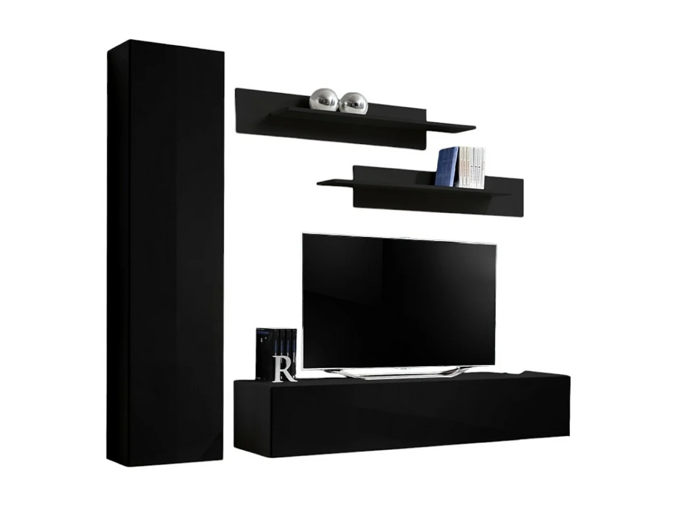 Meuble TV FLY G1 design, coloris noir brillant. Meuble suspendu moderne et tendance pour votre salon.