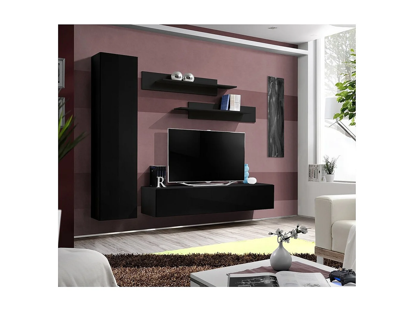 Meuble TV FLY G1 design, coloris noir brillant. Meuble suspendu moderne et tendance pour votre salon.