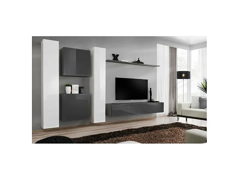 Wohnzimmer-Wandschrank-Set SWITCH VI im Design, Farben Grau und glänzend Weiß.