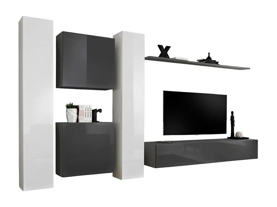 Wohnzimmer-Wandschrank-Set SWITCH VI im Design, Farben Grau und glänzend Weiß.
