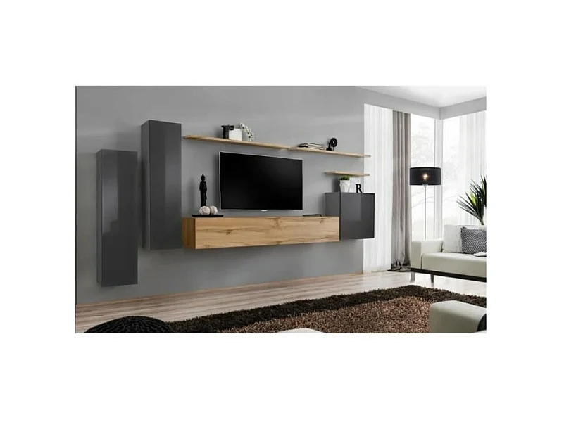 Conjunto de móveis para sala SWITCH I design, cor cinza brilhante e carvalho Wotan.