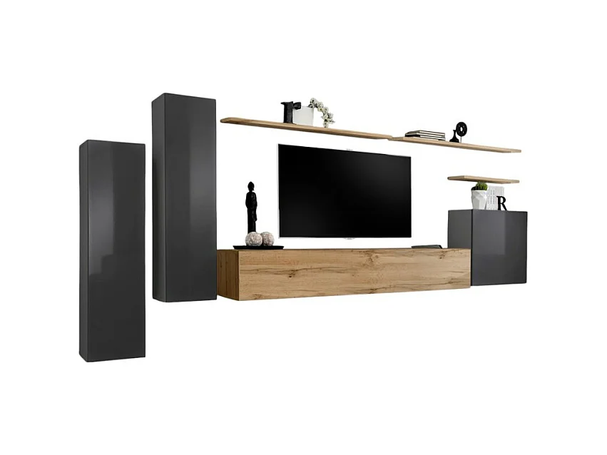 Ensemble meuble salon SWITCH I design, coloris gris brillant et chêne Wotan.