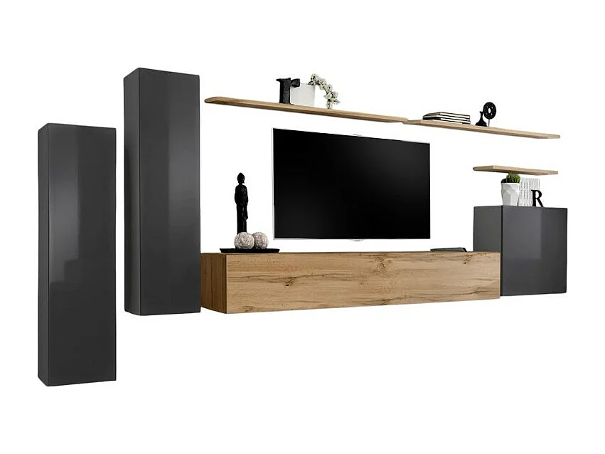 Conjunto de móveis para sala SWITCH I design, cor cinza brilhante e carvalho Wotan.