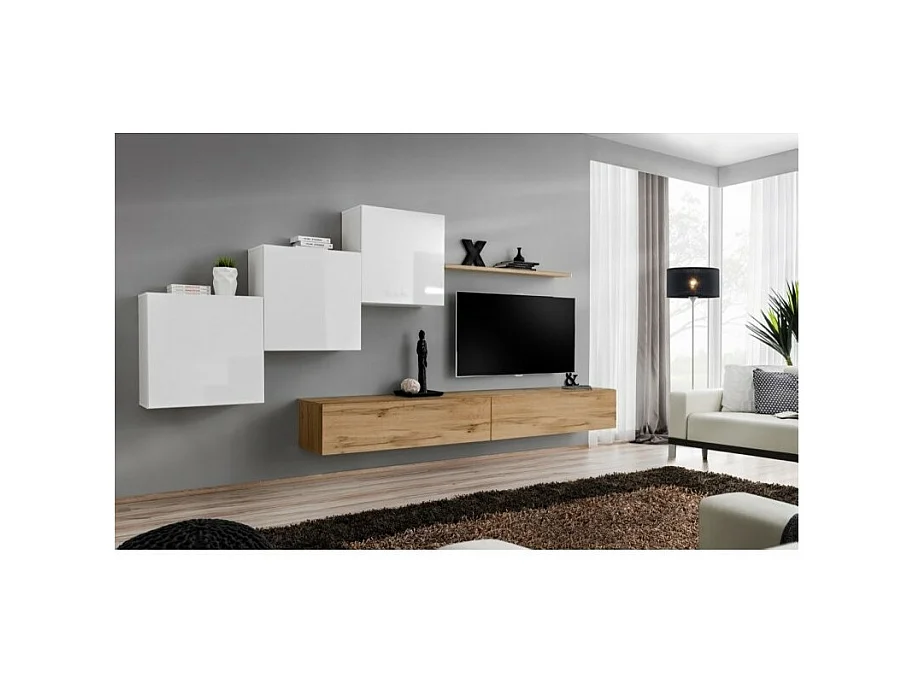 Ensemble meuble salon mural SWITCH X design, coloris chêne Wotan et blanc brillant.