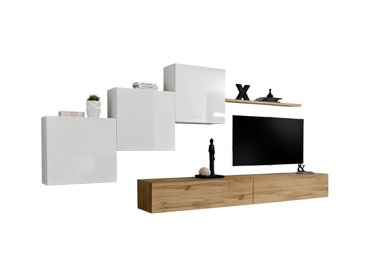 Conjunto de muebles de salón mural SWITCH X diseño, color roble Wotan y blanco brillante.