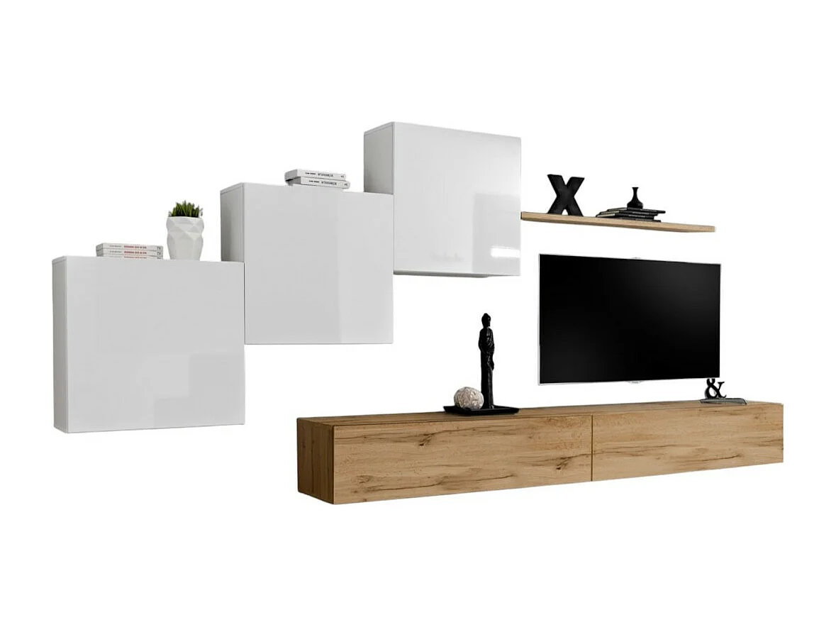 Wohnzimmer-Wandmöbelset SWITCH X Design, in Wotan Eiche und Hochglanz Weiß.