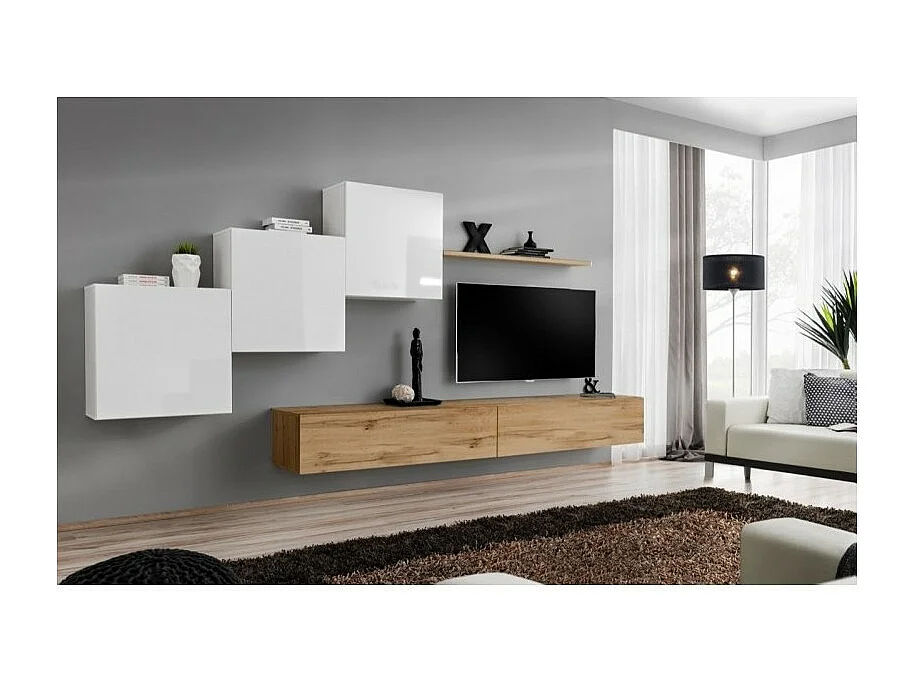 Wohnzimmer-Wandmöbelset SWITCH X Design, in Wotan Eiche und Hochglanz Weiß.