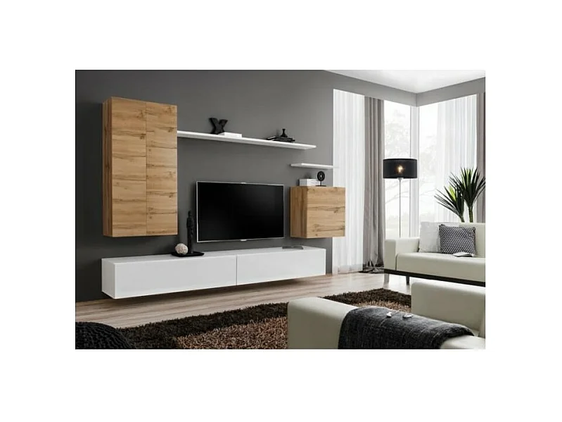 Wohnzimmermöbel-Set SWITCH II im Design, Farbe Wotan-Eiche und Hochglanz Weiß.