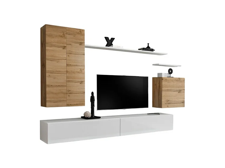 Ensemble meuble salon SWITCH II design, coloris chêne Wotan et blanc brillant.