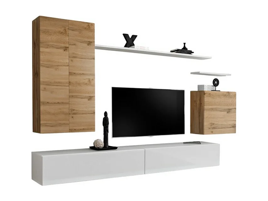 Set di mobili per soggiorno SWITCH II design, colore quercia Wotan e bianco lucido.