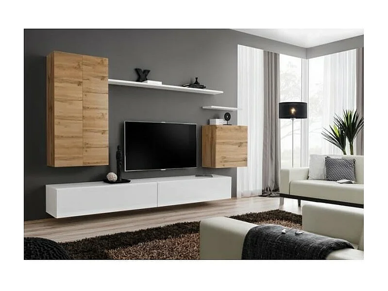 Set di mobili per soggiorno SWITCH II design, colore quercia Wotan e bianco lucido.