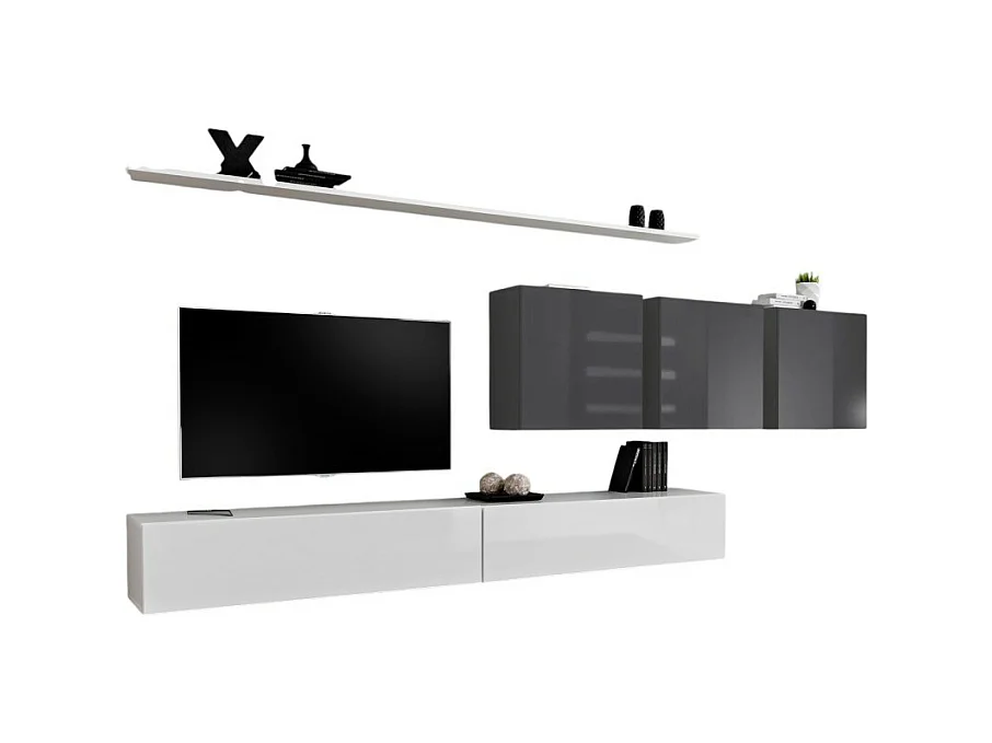 Woonkamerset SWITCH VII design, in glanzend wit en grijs.