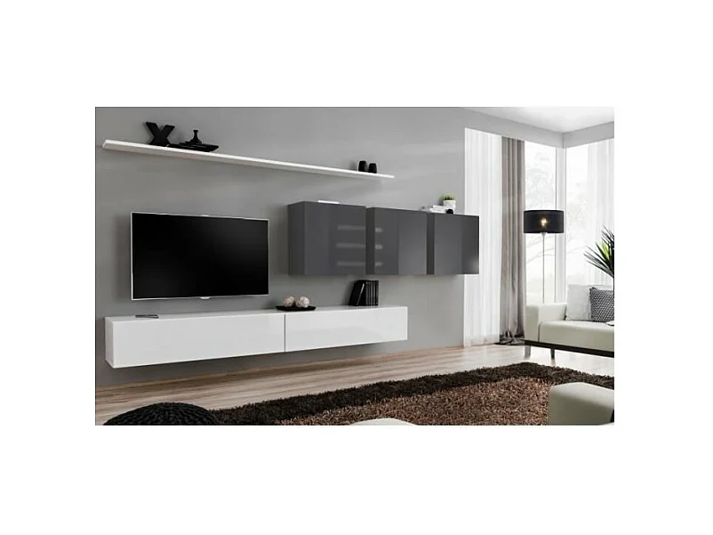 Woonkamerset SWITCH VII design, in glanzend wit en grijs.