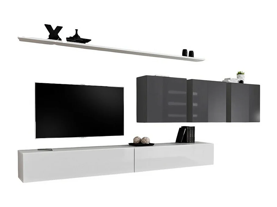 Ensemble meuble salon SWITCH VII design, coloris blanc et gris brillant.