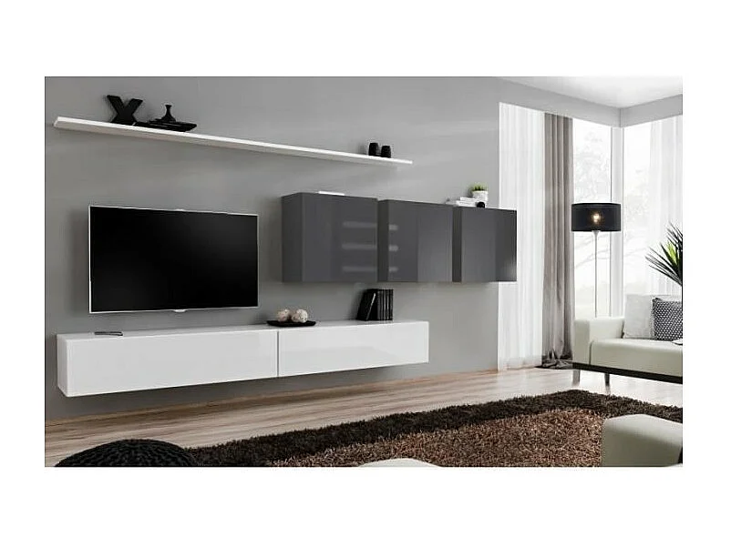 Ensemble meuble salon SWITCH VII design, coloris blanc et gris brillant.