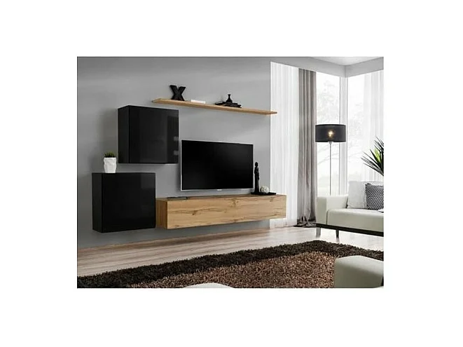 Conjunto de muebles para sala SWITCH V diseño, color roble Wotan y negro brillante.