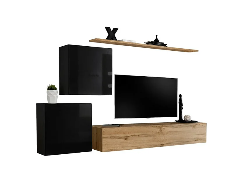 Ensemble meuble salon SWITCH V design, coloris chêne Wotan et noir brillant.