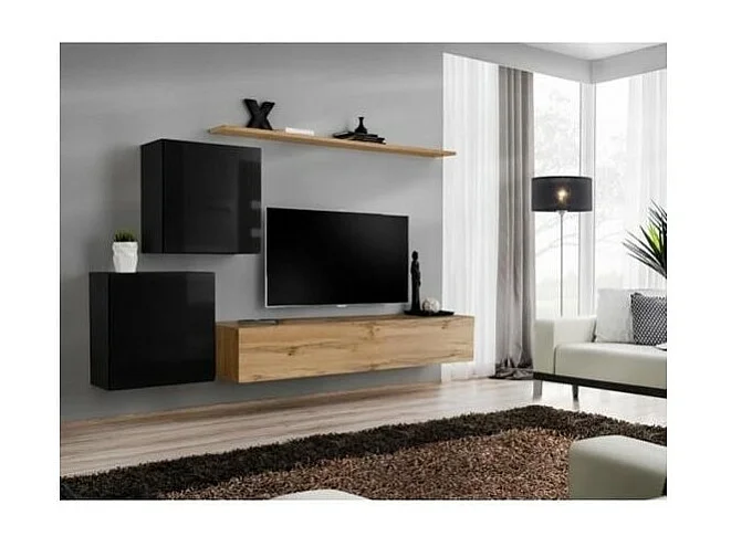 Ensemble meuble salon SWITCH V design, coloris chêne Wotan et noir brillant.