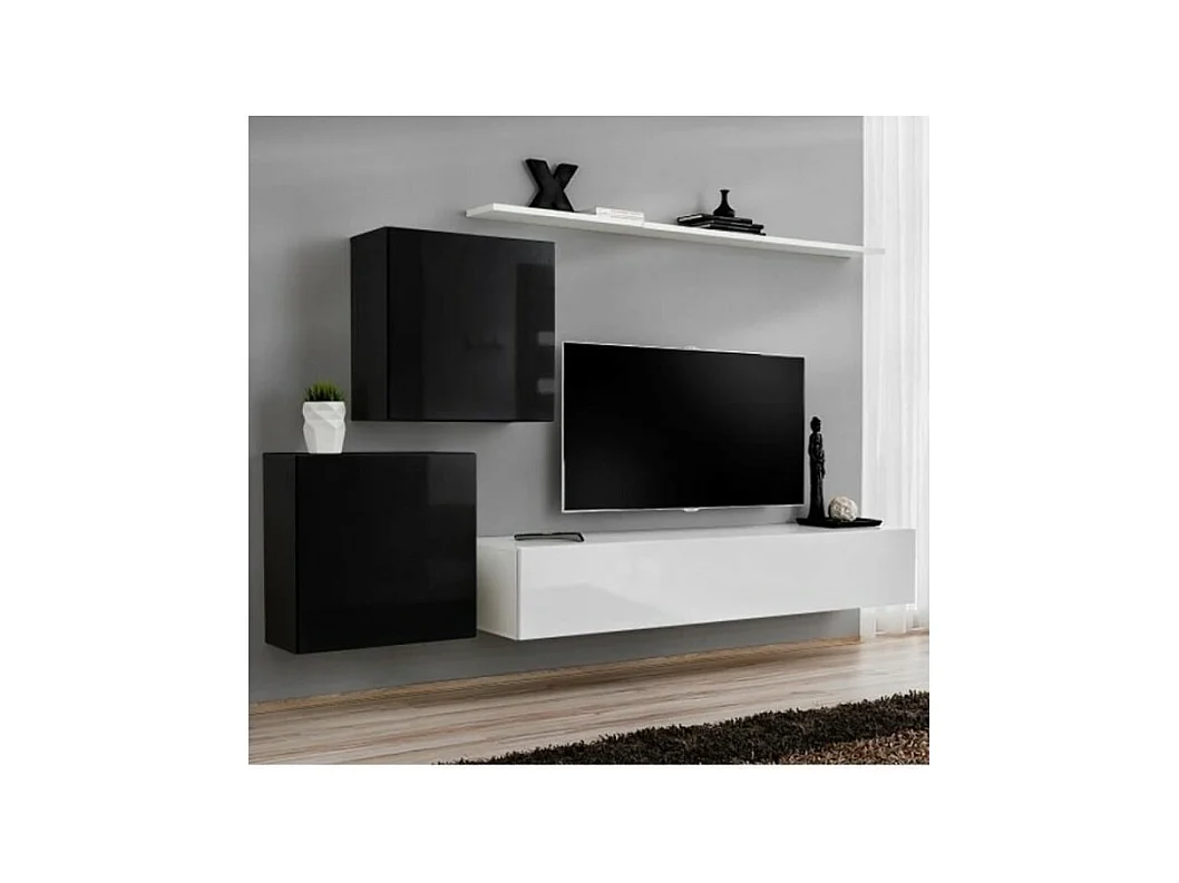 Set mobile da salotto murale SWITCH V design, colori bianco e nero lucido.