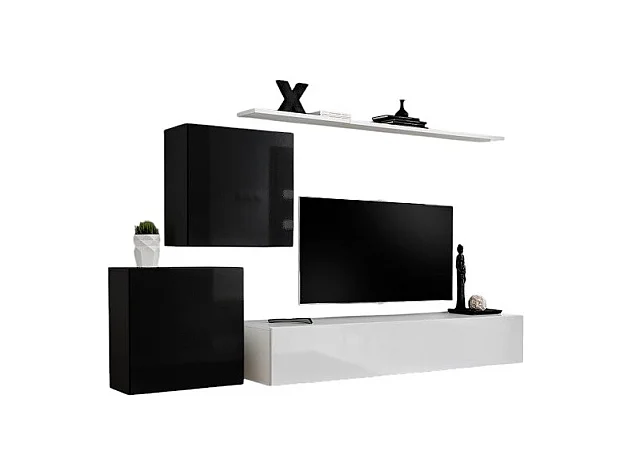 Ensemble meuble salon mural SWITCH V design, coloris blanc et noir brillant.