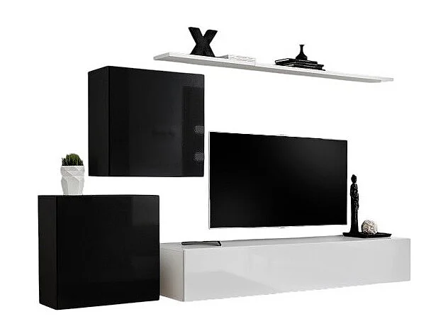 Ensemble meuble salon mural SWITCH V design, coloris blanc et noir brillant.