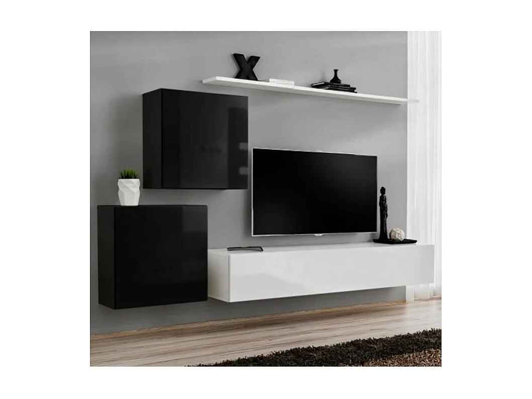 Ensemble meuble salon mural SWITCH V design, coloris blanc et noir brillant.