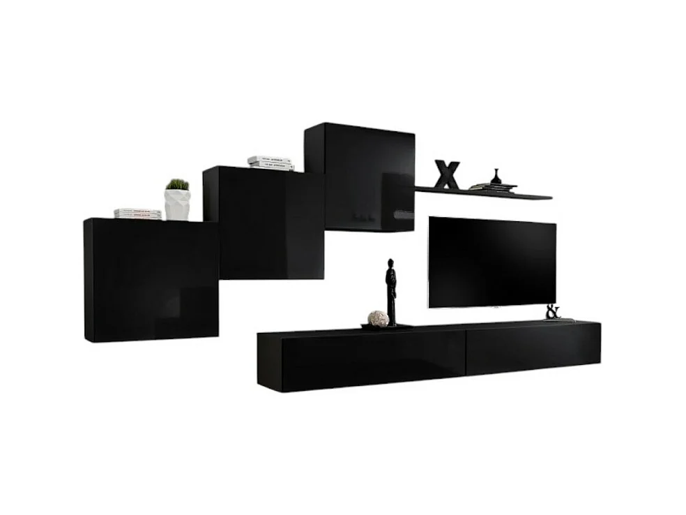 Ensemble meuble salon mural SWITCH X design, coloris noir brillant.