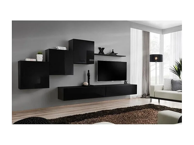 Wandmeubelset voor de woonkamer SWITCH X design, in glanzend zwart.