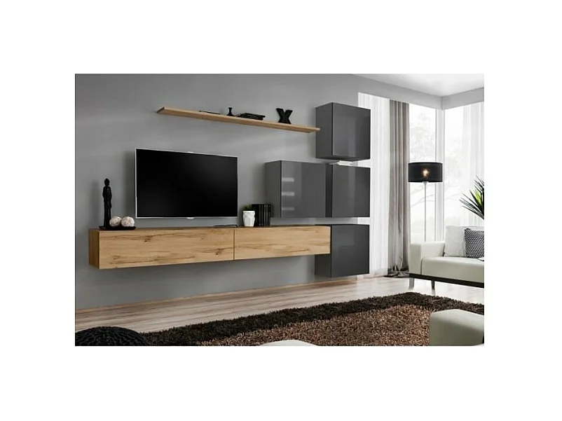 Conjunto de móveis para sala de estar SWITCH IX, design de parede, cor carvalho Wotan e cinza brilhante.
