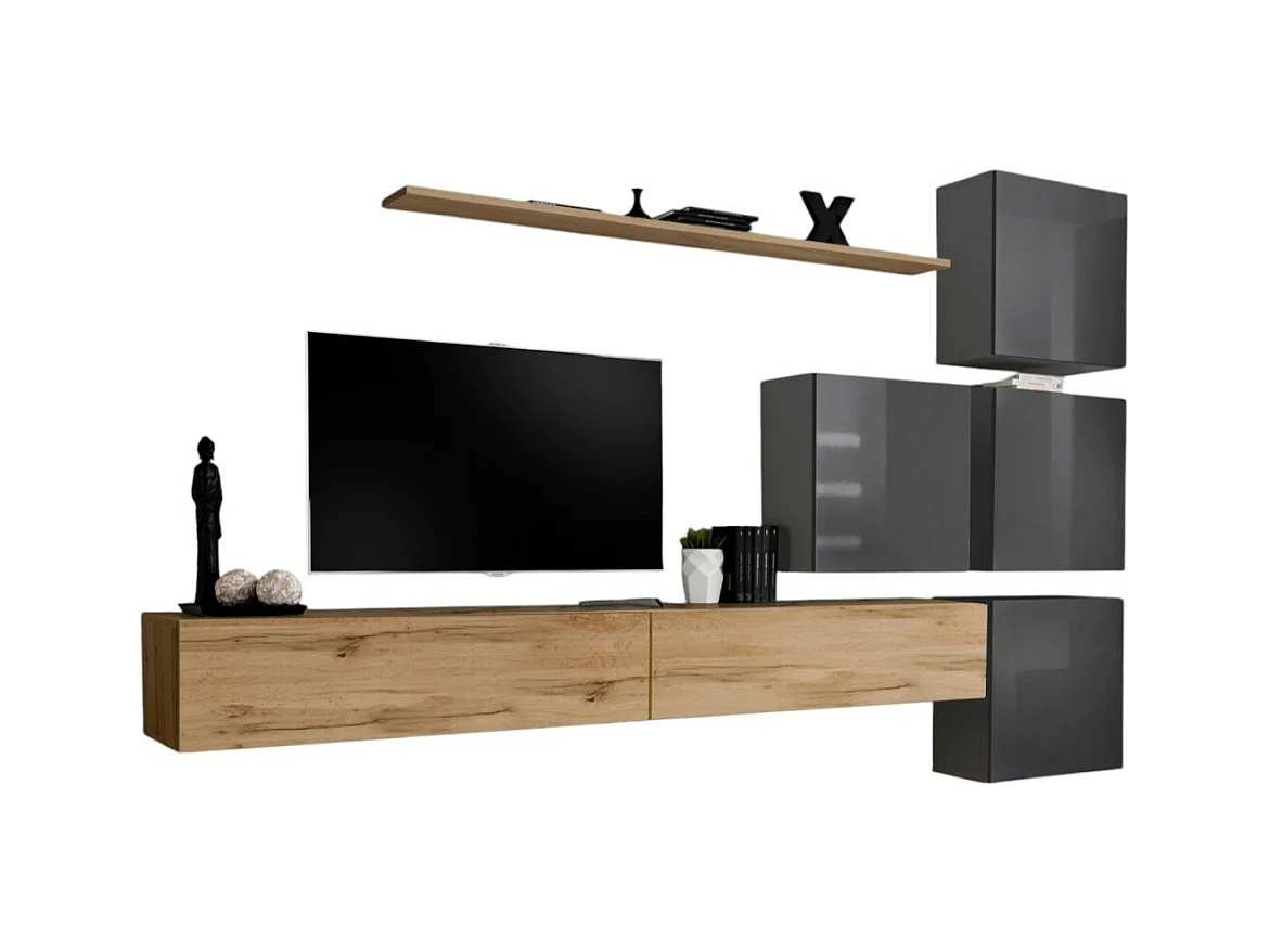 Ensemble meuble salon mural SWITCH IX design, coloris chêne Wotan et gris brillant.
