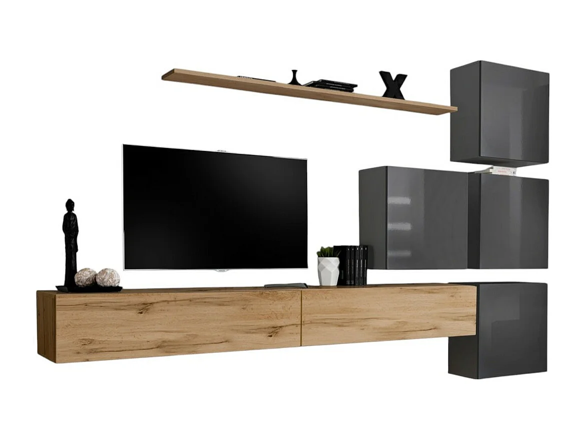 Wandmeubelset voor woonkamer SWITCH IX design, in Wotan eiken en glanzend grijs.