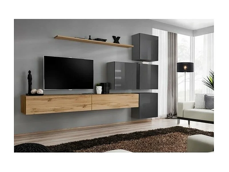 Wandmeubelset voor woonkamer SWITCH IX design, in Wotan eiken en glanzend grijs.