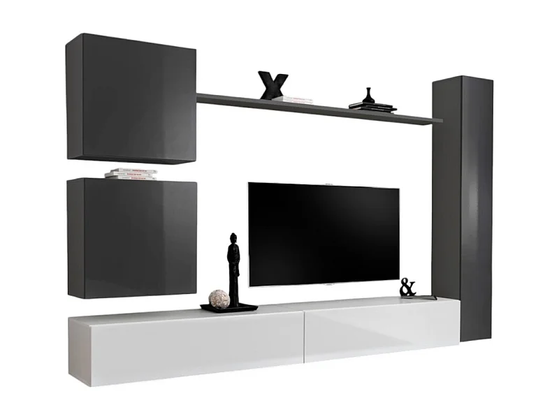 Conjunto de móveis para sala de estar mural SWITCH VIII. Móvel de TV de parede design, nas cores branco e cinza brilhante.