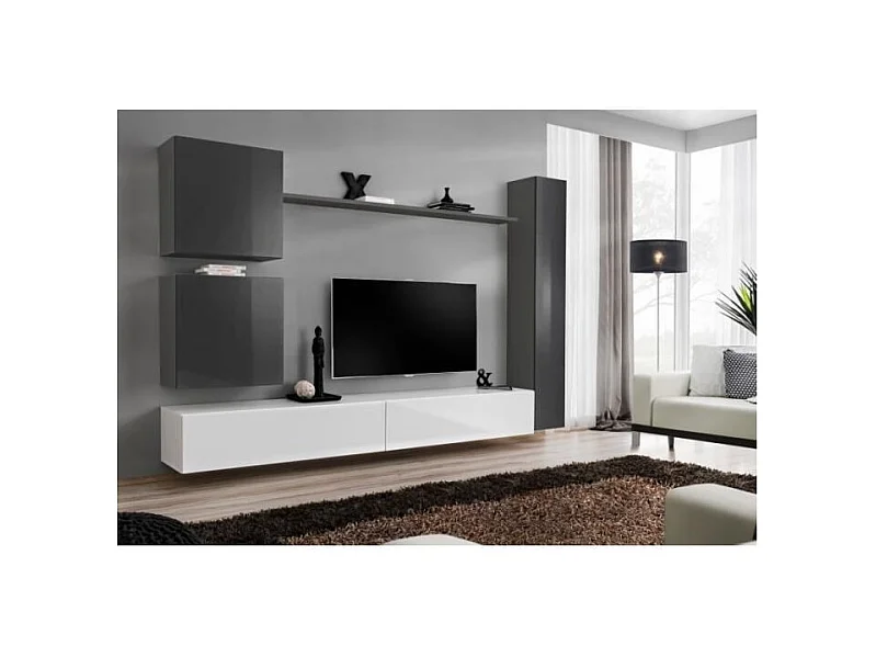 Conjunto de móveis para sala de estar mural SWITCH VIII. Móvel de TV de parede design, nas cores branco e cinza brilhante.