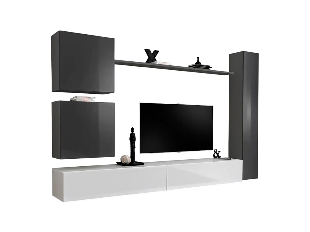 Wandmeubelset voor woonkamer SWITCH VIII. Design wandmeubel voor TV, in glanzend wit en grijs.