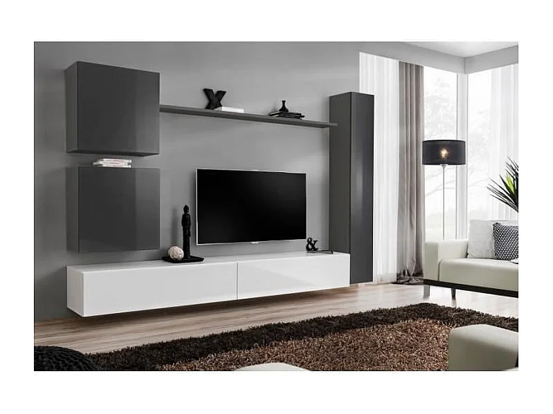 Ensemble de meuble pour salon mural SWITCH VIII. Meuble TV mural design, coloris blanc et gris brillant.