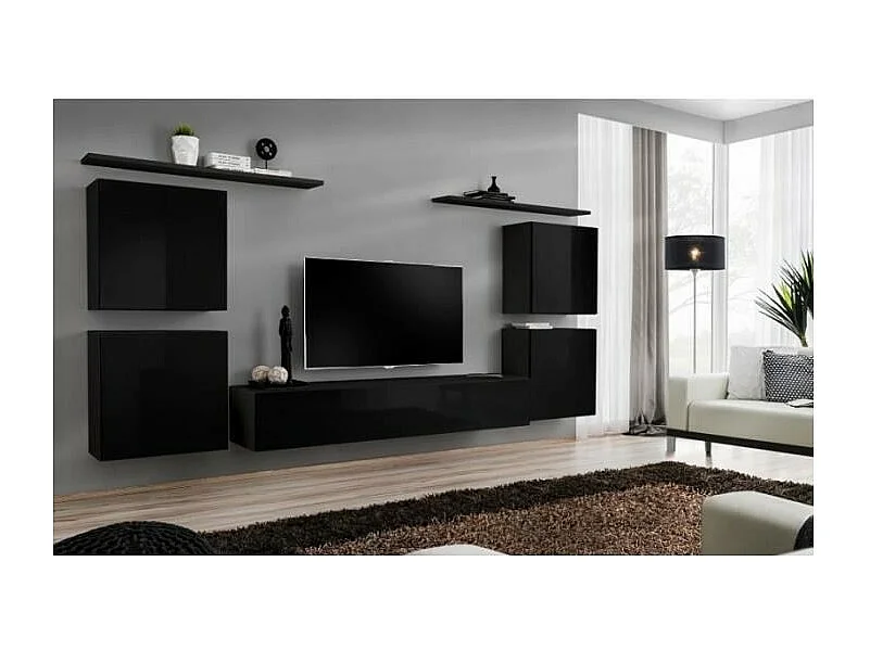 Ensemble meuble salon SWITCH IV design, coloris noir brillant.