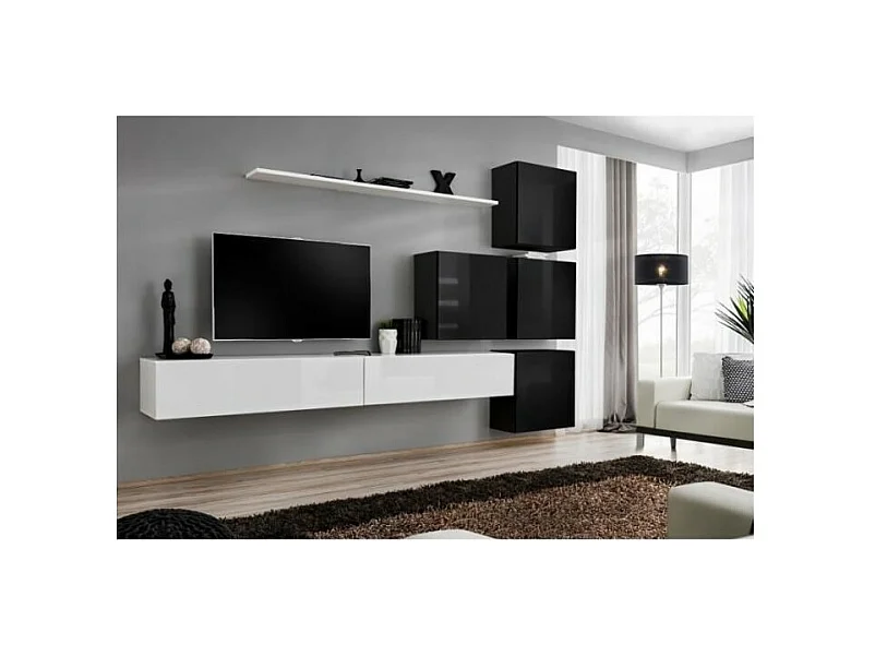 Wandmeubelset voor de woonkamer SWITCH IX design, in glanzend wit en zwart.