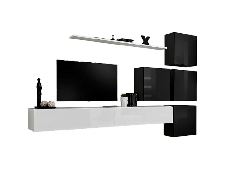 Ensemble meuble salon mural SWITCH IX design, coloris blanc et noir brillant.