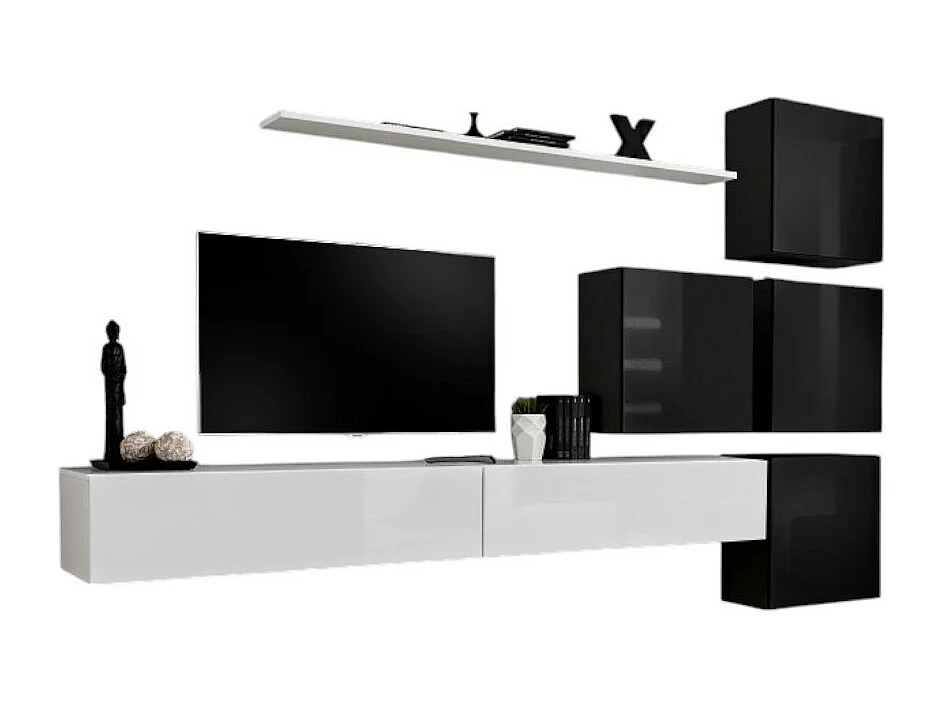 Wandmeubelset voor de woonkamer SWITCH IX design, in glanzend wit en zwart.