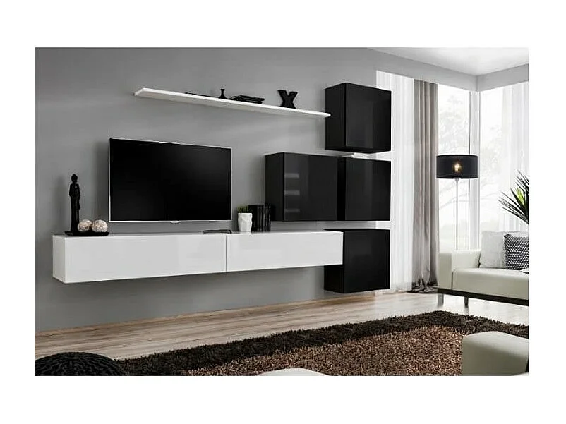 Wandmeubelset voor de woonkamer SWITCH IX design, in glanzend wit en zwart.